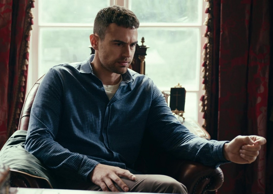 Casual Soft Cotton with Classic Collar Navy Checkered Button-Up Shirt Worn by Theo James as Eddie Horniman
