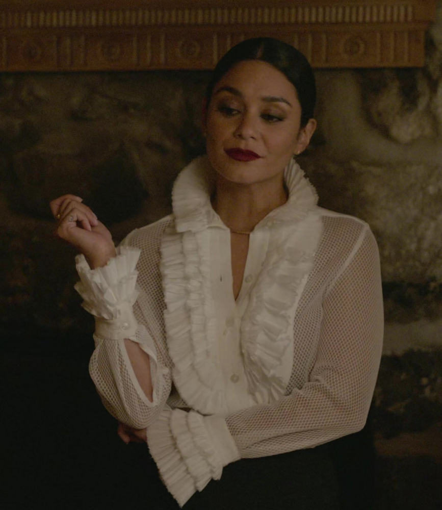 white sheer blouse with ruffles - Vanessa Hudgens (Ruby Collins) - French Girl (2024) Movie