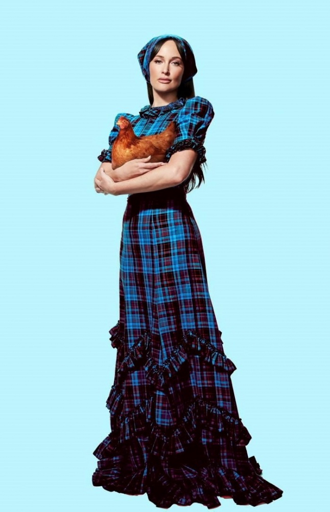 blue plaid tartan maxi dress with ruffle hem and puff sleeves - Kacey Musgraves) - Saturday Night Live TV Show