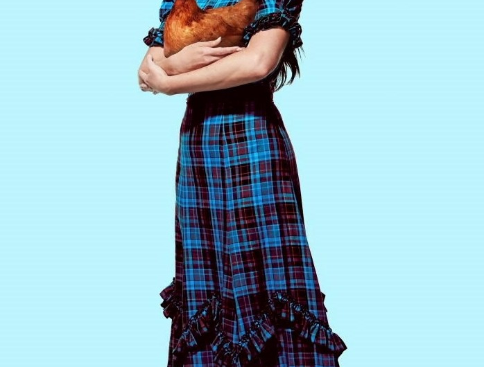 Blue Plaid Tartan Maxi Dress with Ruffle Hem and Puff Sleeves Worn by Kacey Musgraves