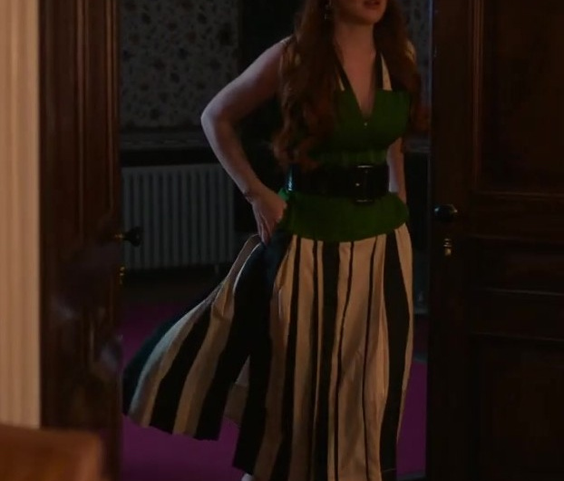 Vertical Stripe Pleated Skirt Dress with Vibrant Green Top of Lindsay Lohan as Madeline “Maddie” Kelly