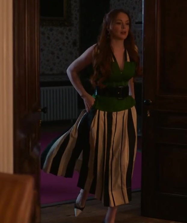 vertical stripe pleated skirt dress with vibrant green top - Lindsay Lohan (Madeline "Maddie" Kelly) - Irish Wish (2024) Movie