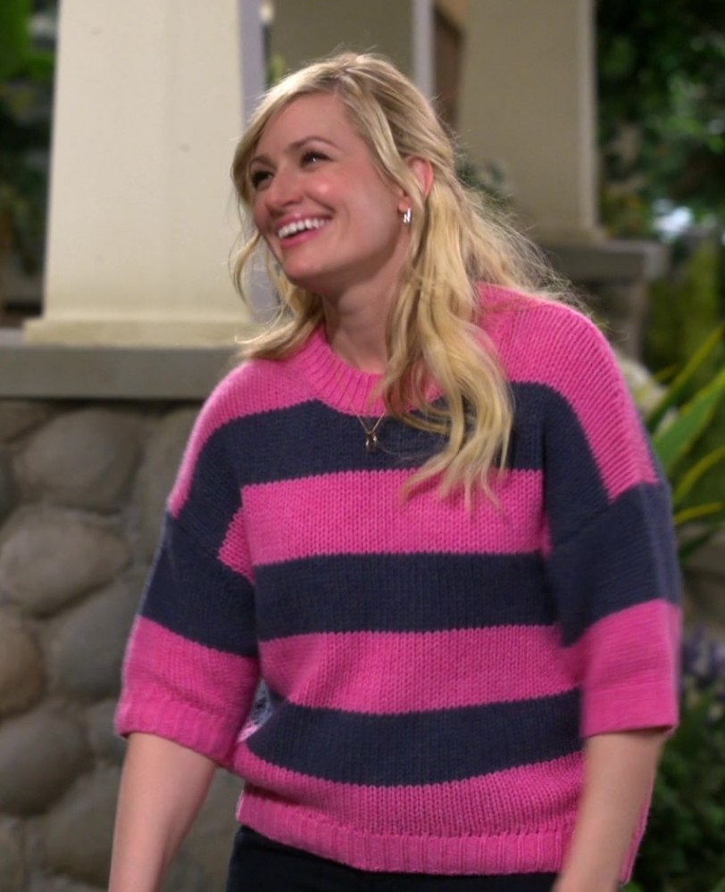 bold pink and navy striped crewneck knit sweater - Beth Behrs (Gemma Johnson) - The Neighborhood TV Show