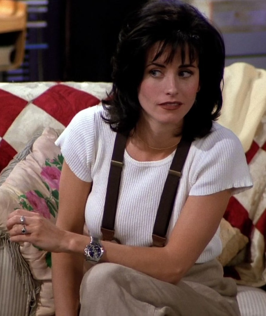 White Ribbed Short Sleeve Crewneck Top of Courteney Cox as Monica Geller