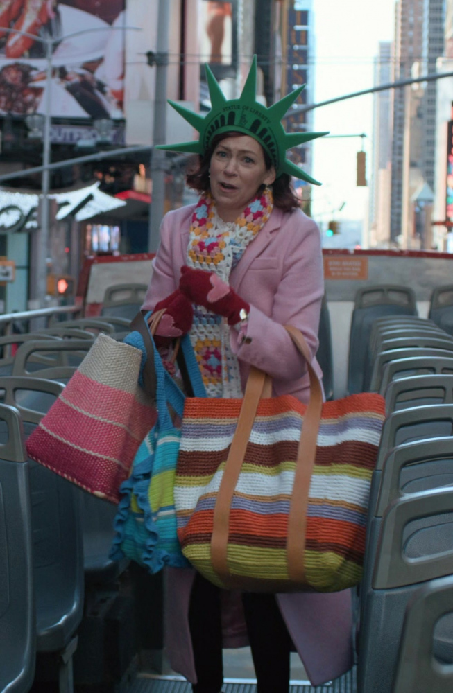 multicolor striped woven raffia tote bag with leather handles - Carrie Preston (Elsbeth Tascioni) - Elsbeth TV Show