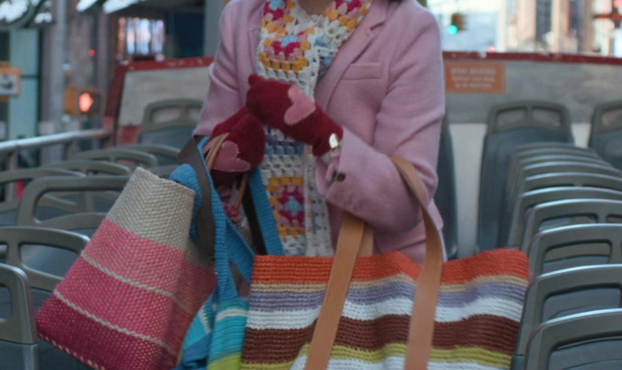 Multicolor Striped Woven Raffia Tote Bag with Leather Handles of Carrie Preston as Elsbeth Tascioni