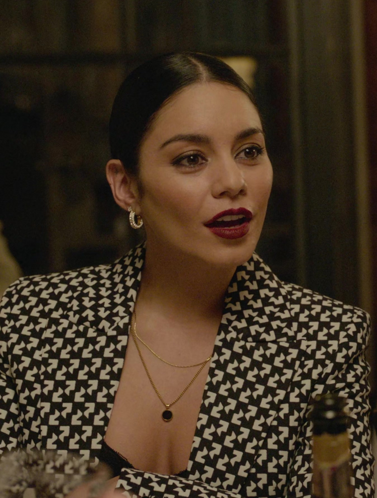 gold chain necklace with circular onyx charm - Vanessa Hudgens (Ruby Collins) - French Girl (2024) Movie