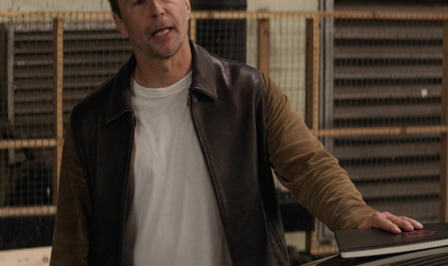 Brown Leather Jacket with Corduroy Sleeves Worn by Sam Rockwell as Aidan
