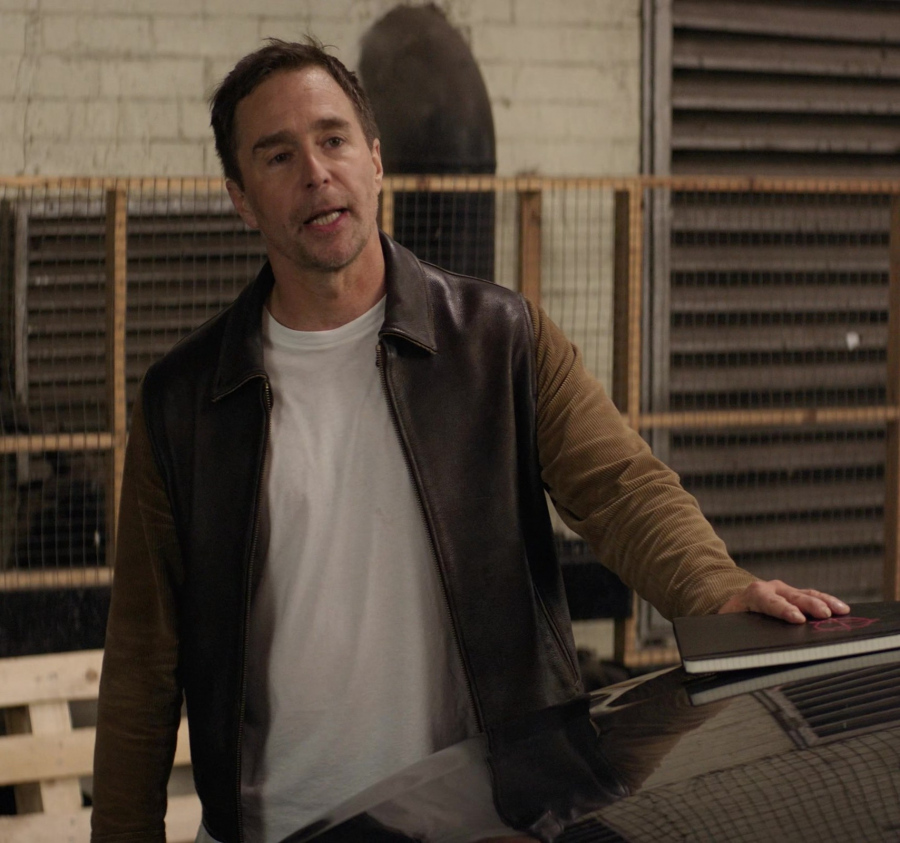 Brown Leather Jacket with Corduroy Sleeves Worn by Sam Rockwell as Aidan