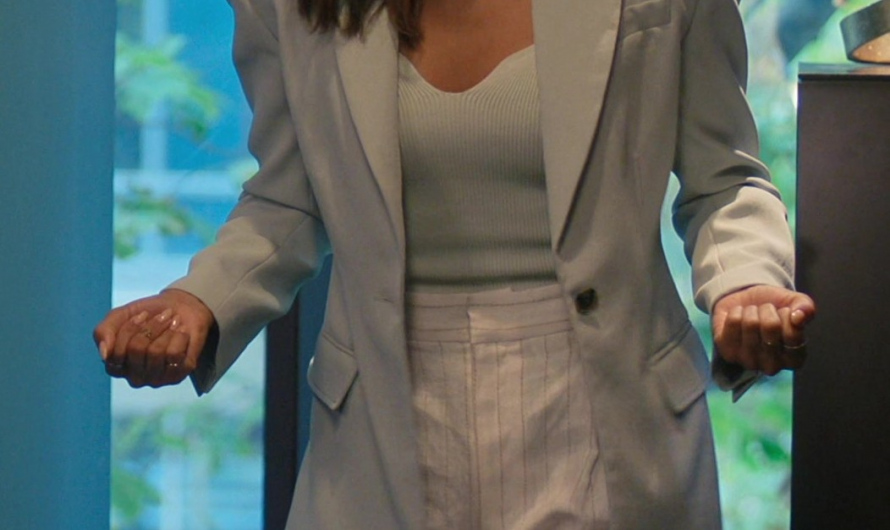White Pinstriped Office Pants Worn by Lex Scott Davis as Erin