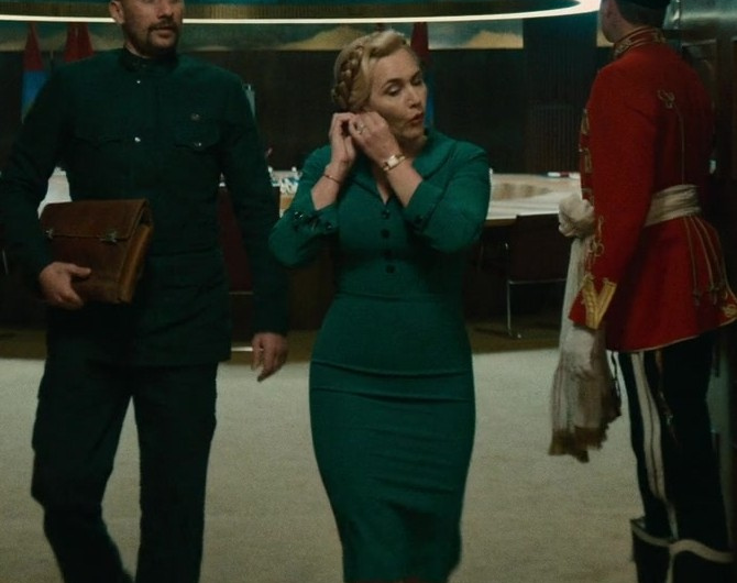 Teal Green Pencil Dress with Buttons Worn by Kate Winslet as Chancellor Elena “Lenny” Vernham