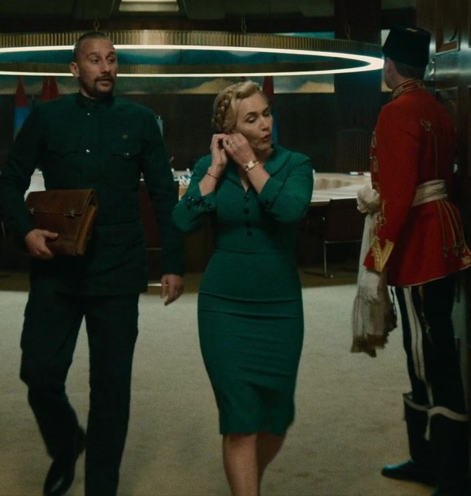Teal Green Pencil Dress with Buttons Worn by Kate Winslet as Chancellor Elena "Lenny" Vernham