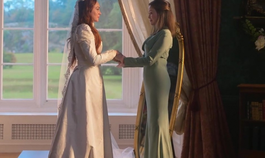 Elegant Sage Green Long Sleeve Maxi Dress with a Fitted Silhouette Worn by Elizabeth Tan as Emma Taylor