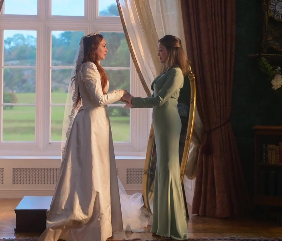 elegant sage green long sleeve maxi dress with a fitted silhouette - Elizabeth Tan (Emma Taylor) - Irish Wish (2024) Movie