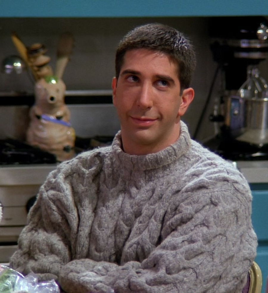 Grey Cable Knit Turtleneck Sweater with Ribbed Trim Worn by David Schwimmer as Ross Geller