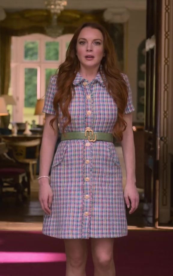 checked mini dress with collared neckline - Lindsay Lohan (Madeline "Maddie" Kelly) - Irish Wish (2024) Movie