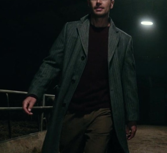 Double-Breasted Grey Wool Coat Worn by Theo James as Eddie Horniman