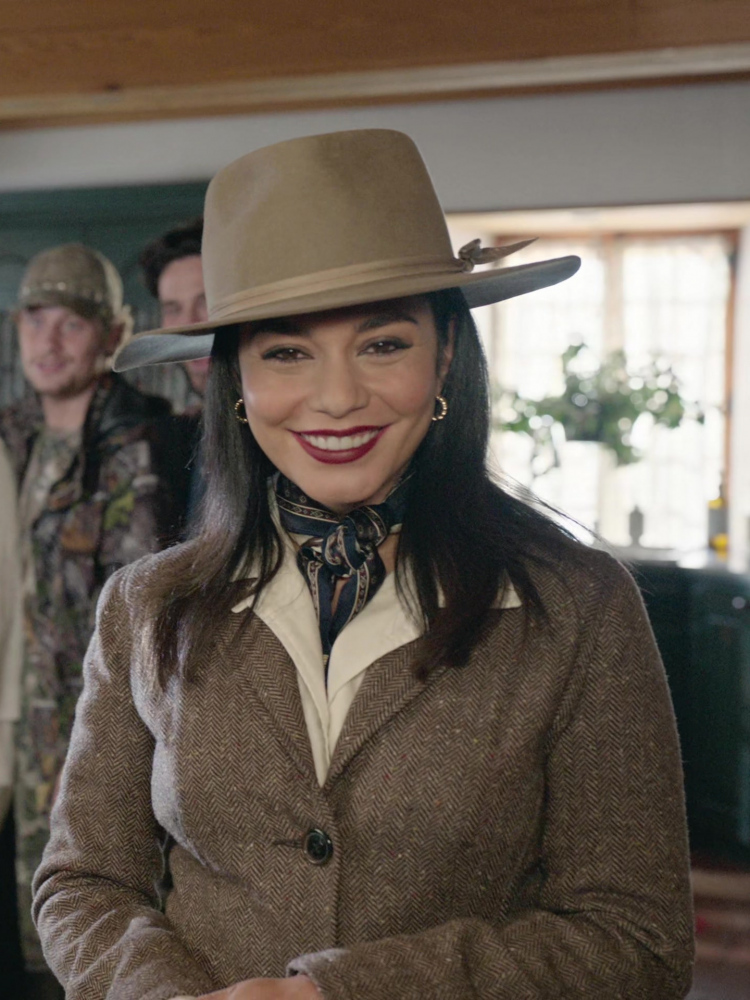 taupe wide-brimmed fedora with ribbon detail - Vanessa Hudgens (Ruby Collins) - French Girl (2024) Movie
