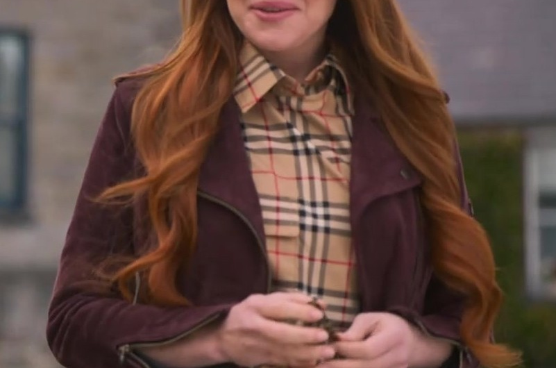 Maroon Suede Biker Jacket with Asymmetrical Front and Lapel Collar Worn by Lindsay Lohan as Madeline “Maddie” Kelly