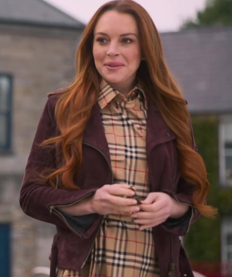 maroon suede biker jacket with asymmetrical front and lapel collar - Lindsay Lohan (Madeline "Maddie" Kelly) - Irish Wish (2024) Movie