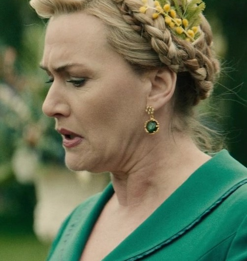 Emerald Green Oval Gemstone Drop Earrings with Gold-Tone Setting of Kate Winslet as Chancellor Elena “Lenny” Vernham