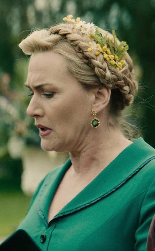 emerald green oval gemstone drop earrings with gold-tone setting - Kate Winslet (Chancellor Elena "Lenny" Vernham) - The Regime TV Show