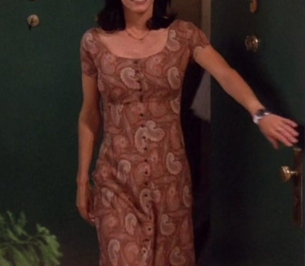 Paisley Print Maxi Dress with Full Button Placket Worn by Courteney Cox as Monica Geller