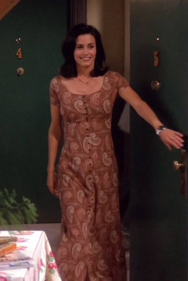 Paisley Print Maxi Dress with Full Button Placket Worn by Courteney Cox as Monica Geller