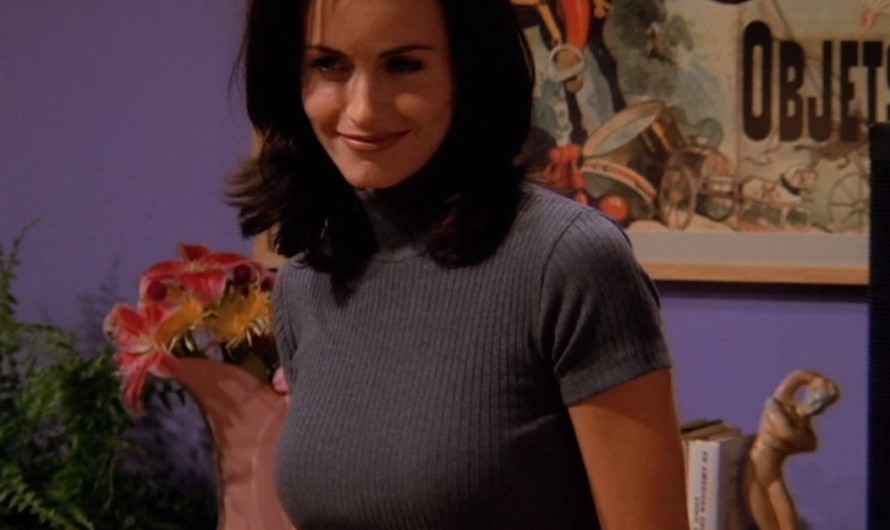 Grey Ribbed Turtleneck with Short Sleeves and Fitted Design of Courteney Cox as Monica Geller