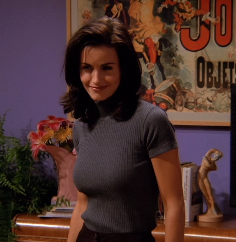 Grey Ribbed Turtleneck with Short Sleeves and Fitted Design of Courteney Cox as Monica Geller