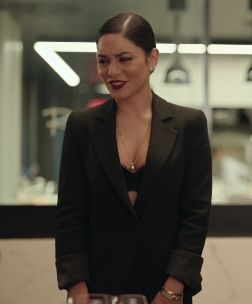 classic jet black blazer with sharp tailoring and elegant fit - Vanessa Hudgens (Ruby Collins) - French Girl (2024) Movie