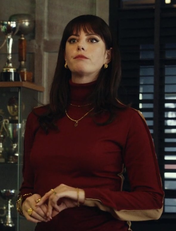 Half Red Half Beige Turtleneck Sweater Worn by Kaya Scodelario as Susie Glass