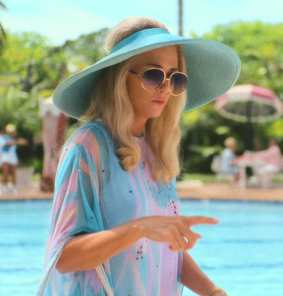 pastel blue wide-brimmed open-crown straw visor hat - Kristen Wiig (Maxine Simmons) - Palm Royale TV Show