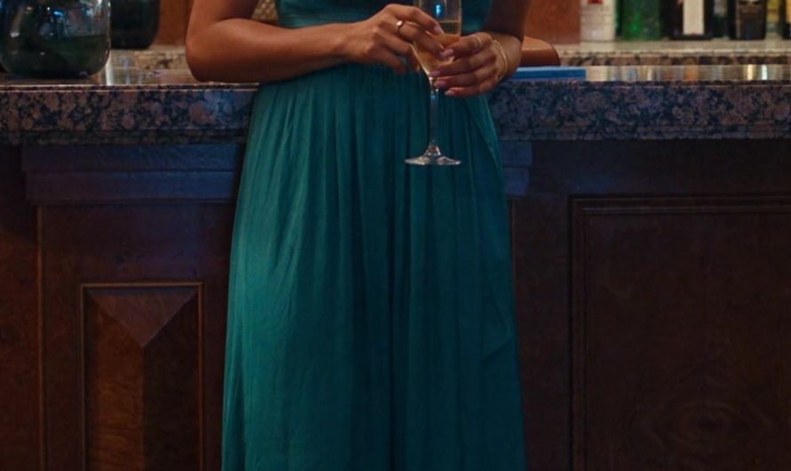 Teal Halter Neck Midi Dress with Pleated Detailing Worn by Lex Scott Davis as Erin