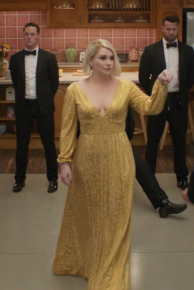 gold sequin long sleeve maxi dress with plunging neckline - Bryce Dallas Howard (Elly Conway / Rachel Kylle) - Argylle (2024) Movie