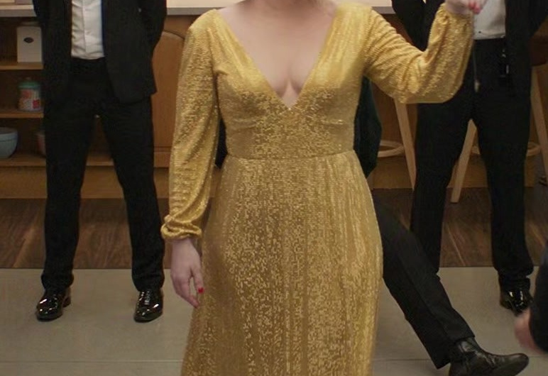 Gold Sequin Long Sleeve Maxi Dress with Plunging Neckline of Bryce Dallas Howard as Elly Conway / Rachel Kylle
