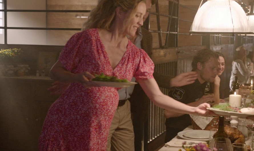 Floral Maxi Dress with V-Neck and Flutter Sleeves Worn by Evelyne Brochu as Sophie Tremblay