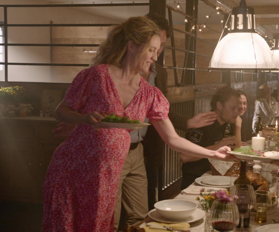 floral maxi dress with v-neck and flutter sleeves - Evelyne Brochu (Sophie Tremblay) - French Girl (2024) Movie