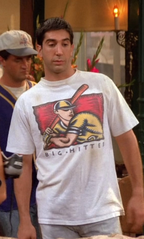 Big Hitter Baseball Print T-Shirt Worn by David Schwimmer as Ross Geller
