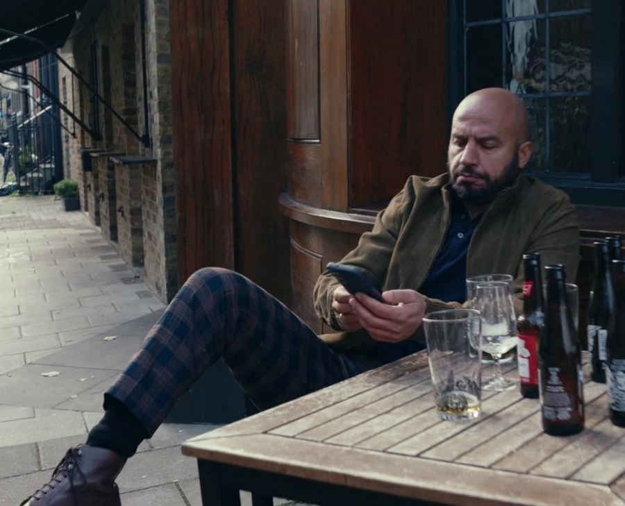navy and brown checkered pants - Dar Salim (Felix) - The Gentlemen TV Show