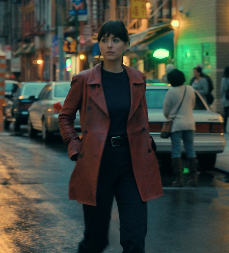 Rustic Red Double-Breasted Leather Trench Coat Worn by Dakota Johnson as Cassandra "Cassie" Webb