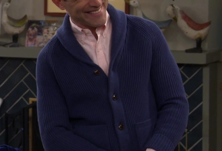 Classic Navy Ribbed Cardigan with Button Front and Pockets of Max Greenfield as Dave Johnson