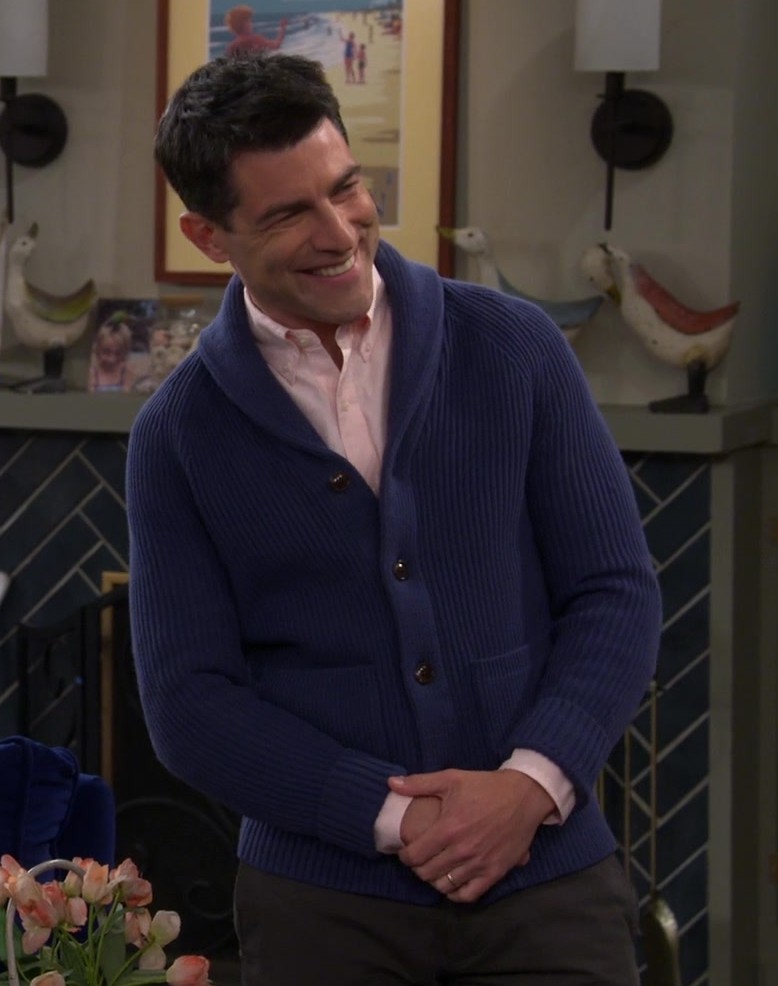 Classic Navy Ribbed Cardigan with Button Front and Pockets of Max Greenfield as Dave Johnson