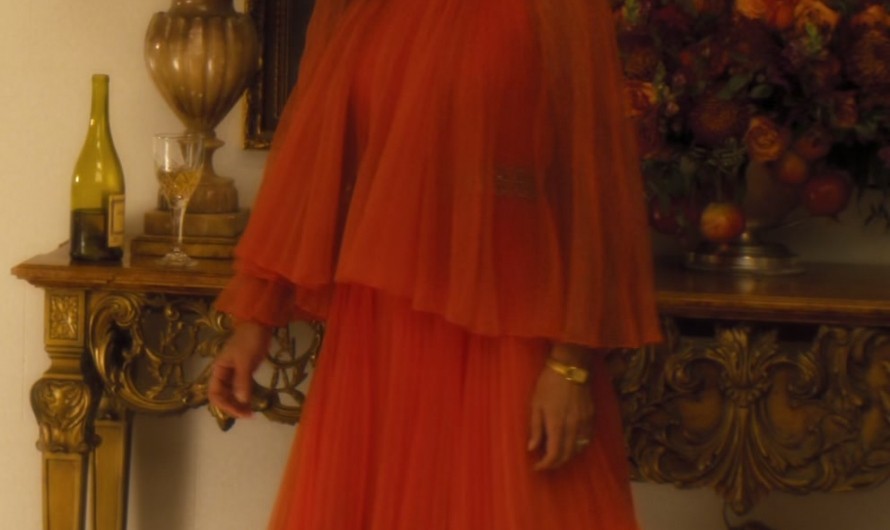 Orange Pleated Maxi Dress with Cape Sleeves of Kristen Wiig as Maxine Simmons