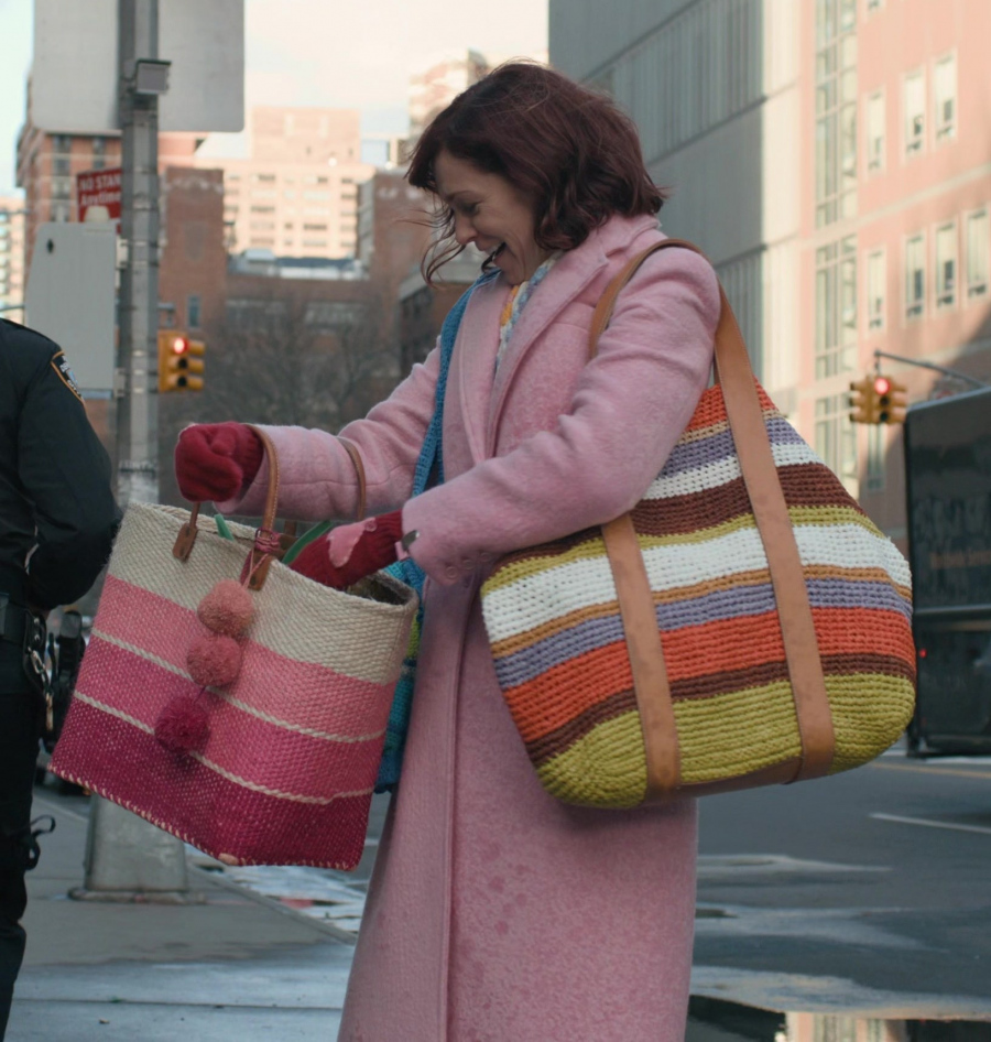 three color pink sisal basket tote with poms - Carrie Preston (Elsbeth Tascioni) - Elsbeth TV Show