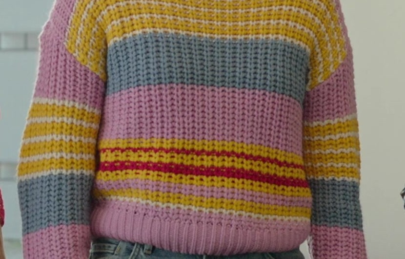 Multicolor Striped Knit Sweater in Pink, Yellow, and Blue of Evelyne Brochu as Sophie Tremblay