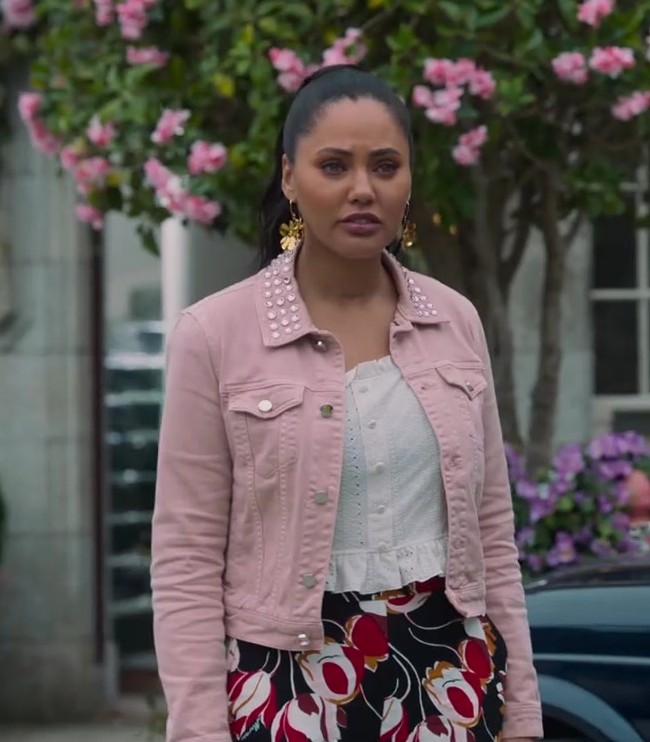 rose studded jean jacket - Ayesha Curry (Heather) - Irish Wish (2024) Movie