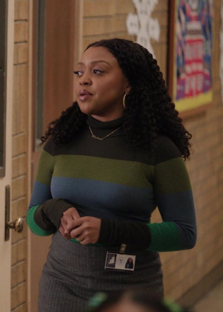 multicolored striped turtleneck sweater - Quinta Brunson (Janine Teagues) - Abbott Elementary TV Show