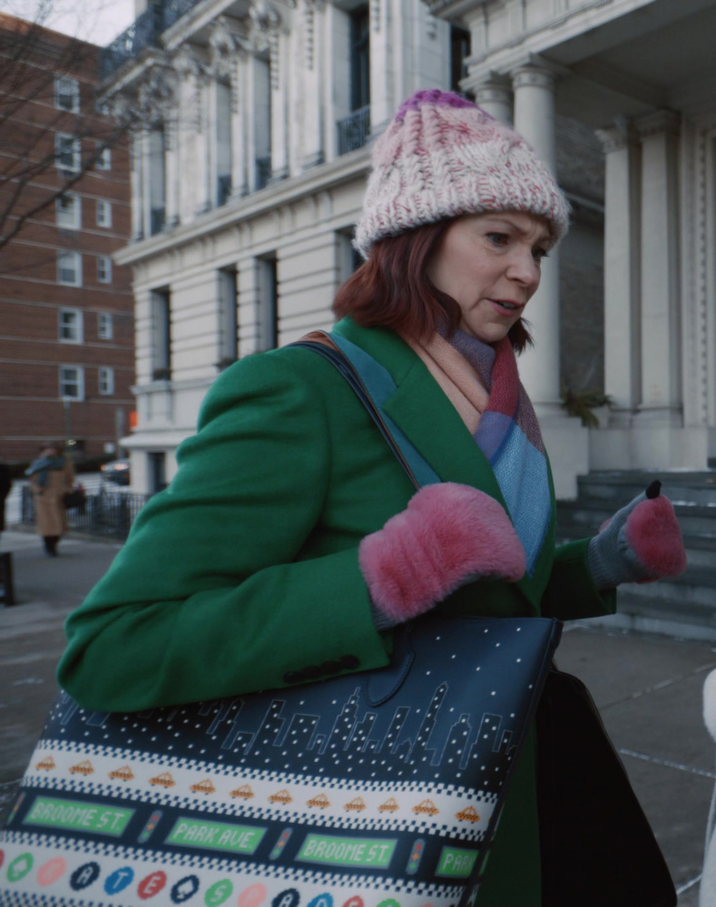 pink faux fur trimmed winter mittens - Carrie Preston (Elsbeth Tascioni) - Elsbeth TV Show
