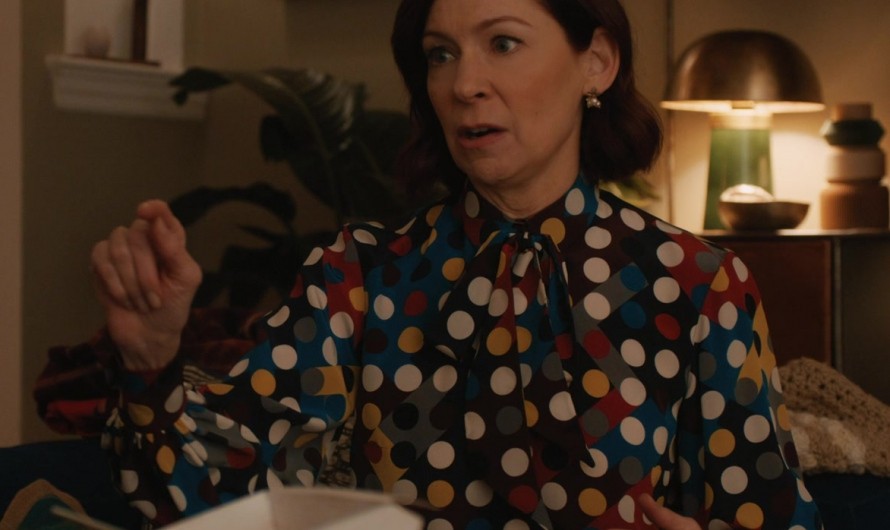Playful Multicolor Polka Dot Print Tie-Neck Silk Blouse of Carrie Preston as Elsbeth Tascioni
